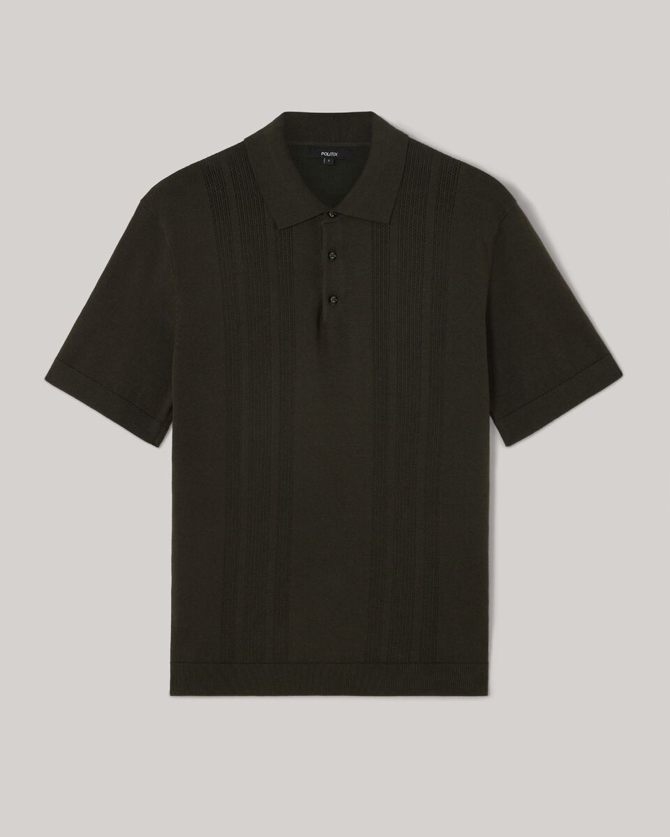 Knitted Pointelle Short Sleeve Polo, Khaki, hi-res